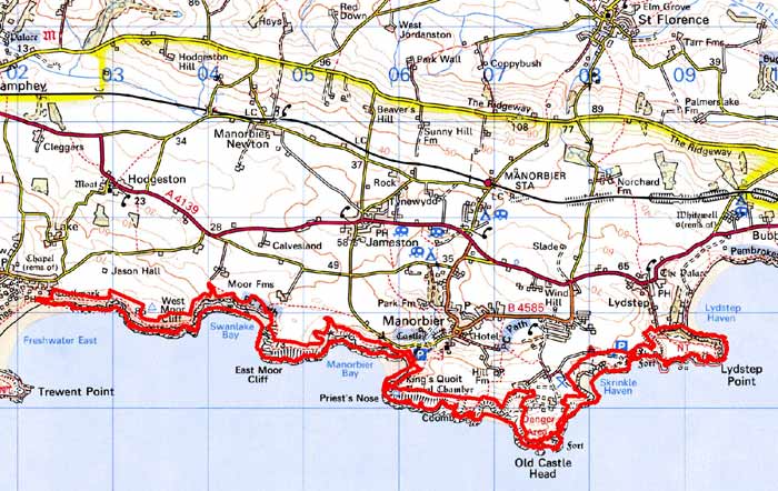 FRESHWATER EAST TO LYDSTEP COASTAL STRIP MAP